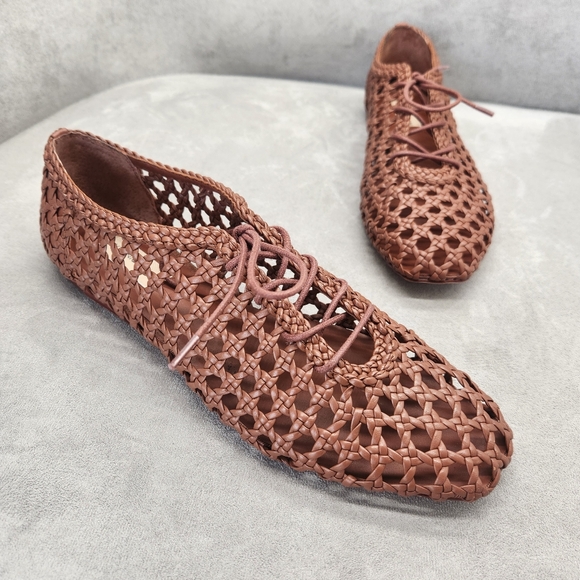 Antonio Melani Flats 9 Brown Woven Leather Myles Crochet Lace Up Loafers New$190 - Picture 2 of 16
